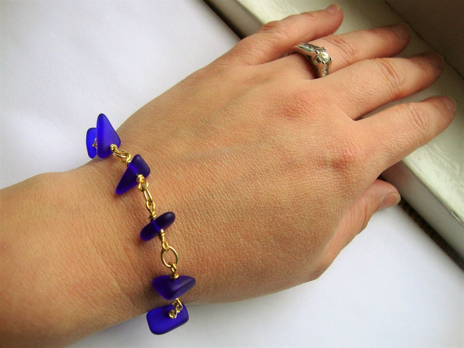 Cobalt Blue Sea Glass Gold Chain Link Bracelet - Bad Apple Designs Jewelry