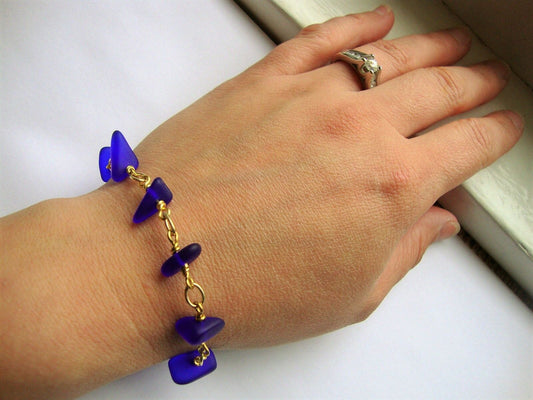 Cobalt Blue Sea Glass Gold Chain Link Bracelet - Bad Apple Designs Jewelry