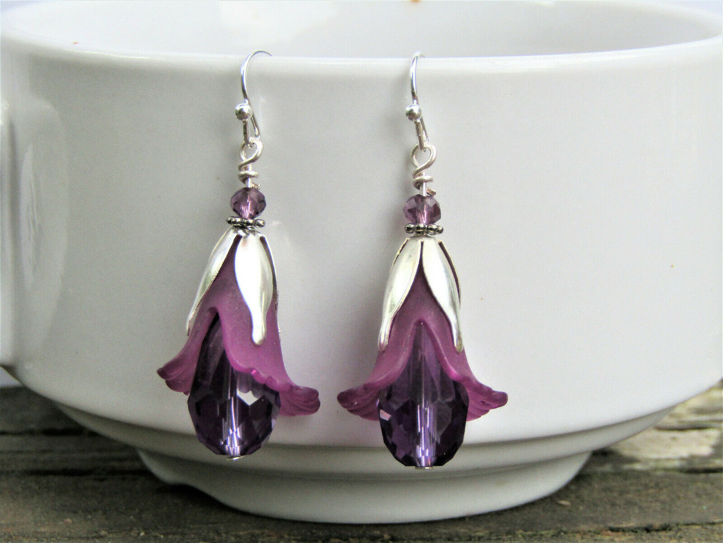 Flower Earrings Purple Tulip Cala Lily Silver Dangle Earrings Sparkling Crystal - Bad Apple Designs Jewelry