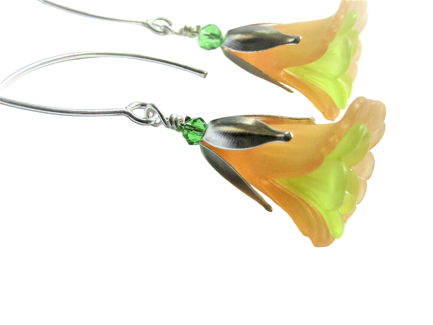 Flower Earrings Orange Green Tulip Cala Lily Silver Dangle Earrings Usa Handmade - Bad Apple Designs Jewelry