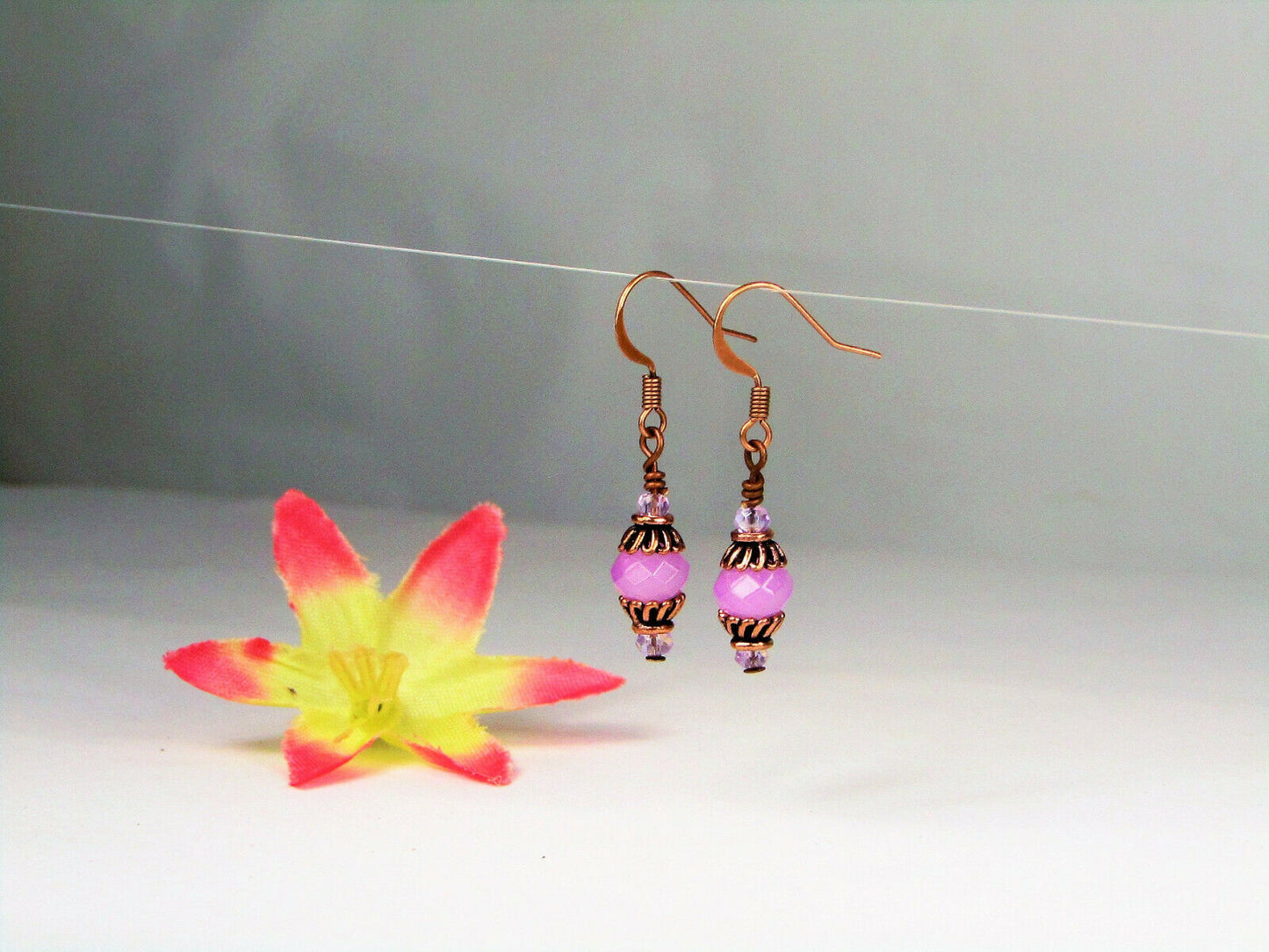Faceted Opaque Purple Crystal Antique Copper Capped Dangle Earrings Artisan Made - Bad Apple Designs Jewelry