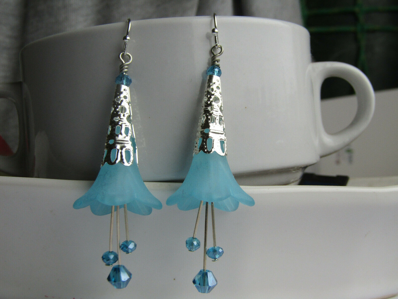 Flower Earrings Light Blue Dangle Lucite Trumpet Lily Silver Plated Usa Handmade - Bad Apple Designs Jewelry