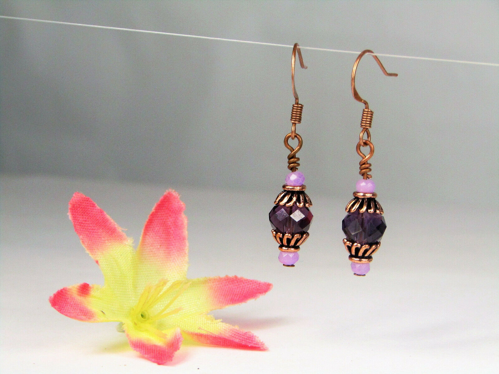 Faceted Purple Crystal Antique Copper Capped Dangle Earrings, Artisan Made OOAK - Bad Apple Designs Jewelry