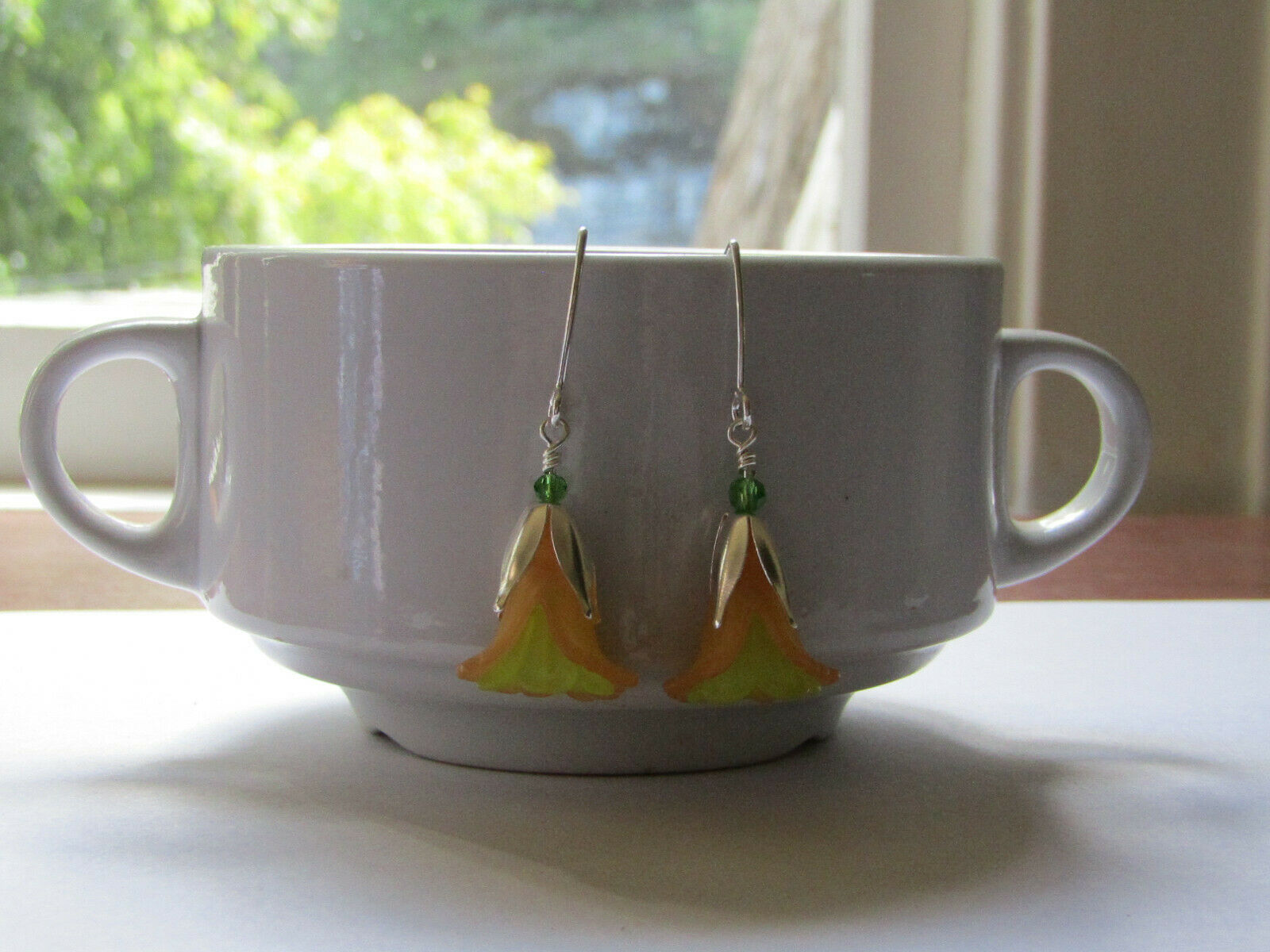 Flower Earrings Orange Green Tulip Cala Lily Silver Dangle Earrings Usa Handmade - Bad Apple Designs Jewelry