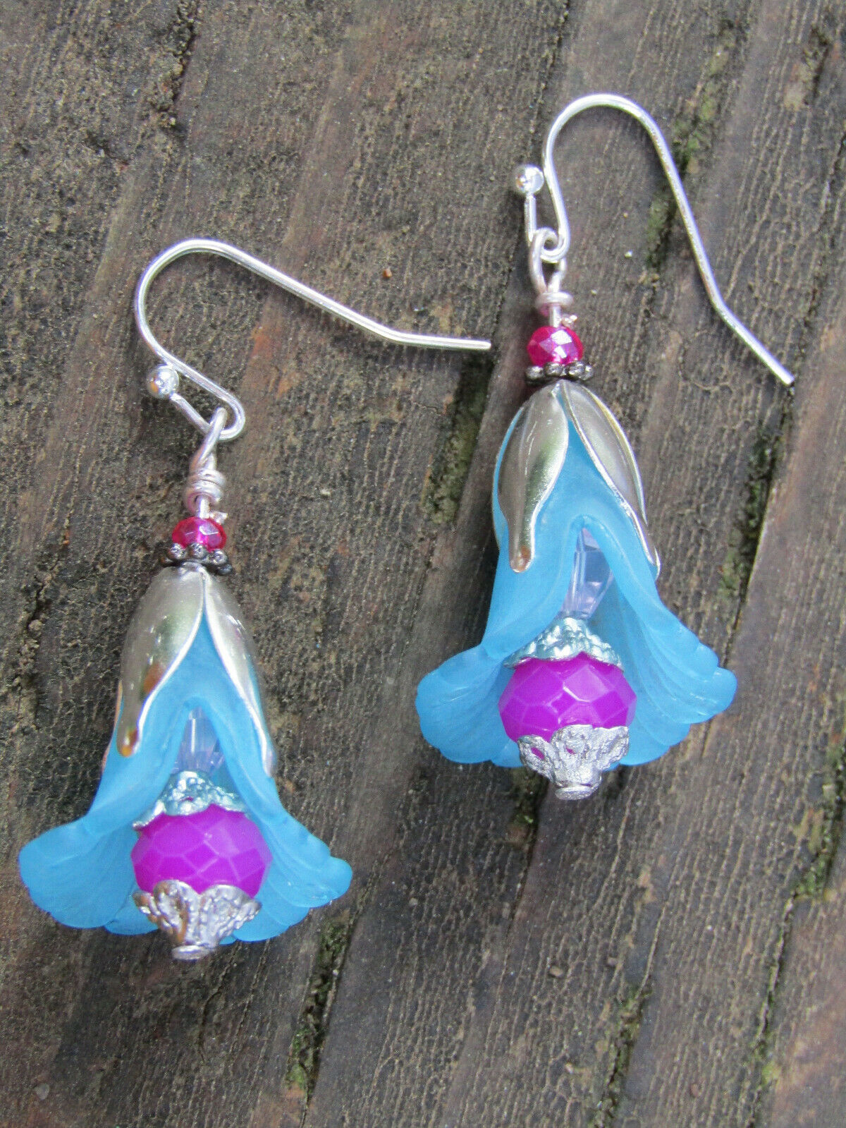 Flower Earrings Blue Purple Dangle Lucite Trumpet Lily Silver Plated - Bad Apple Designs Jewelry
