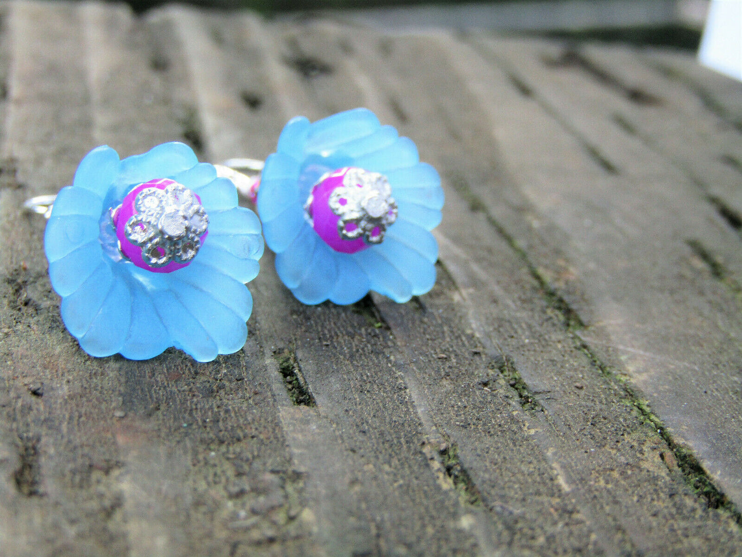 Flower Earrings Blue Purple Dangle Lucite Trumpet Lily Silver Plated - Bad Apple Designs Jewelry