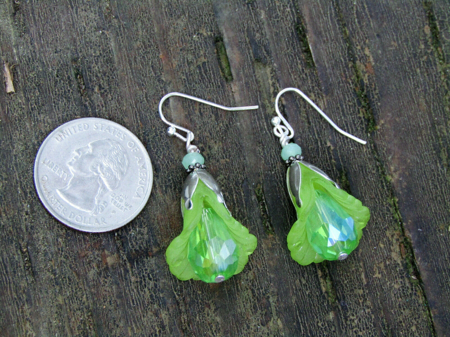 Flower Earrings Green Tulip Cala Lily Silver Dangle Earrings Sparkling Crystal - Bad Apple Designs Jewelry