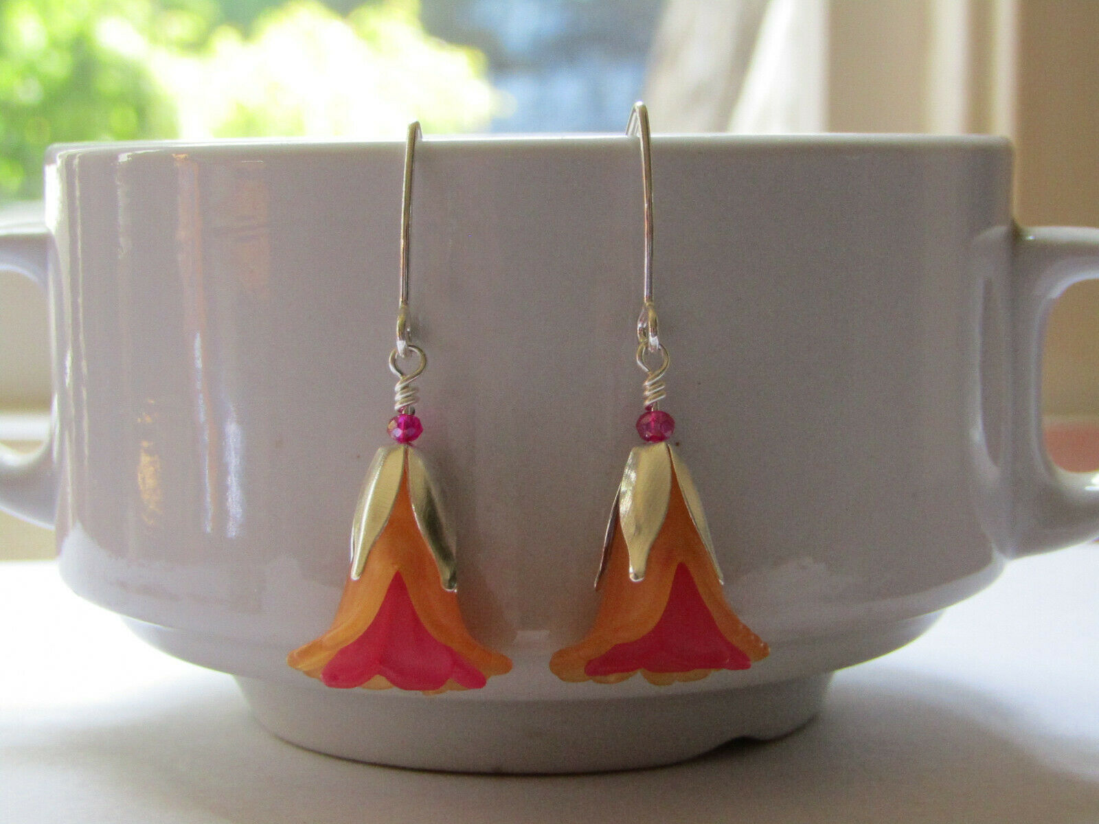 Flower Earrings Orange Pink Tulip Cala Lily Silver Dangle Earrings Usa Handmade2 - Bad Apple Designs Jewelry