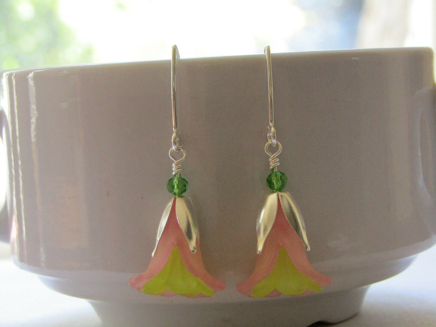 Flower Earrings Pink Green Tulip Cala Lily Silver Dangle Earrings Usa Handmade - Bad Apple Designs Jewelry