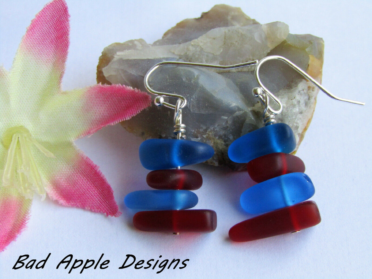 Blue & Red Sea Glass Earrings