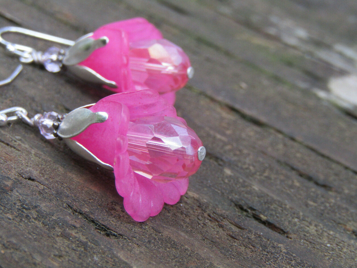 Flower Earrings Pink Tulip Cala Lily Silver Dangle Earrings Sparkling Crystal - Bad Apple Designs Jewelry