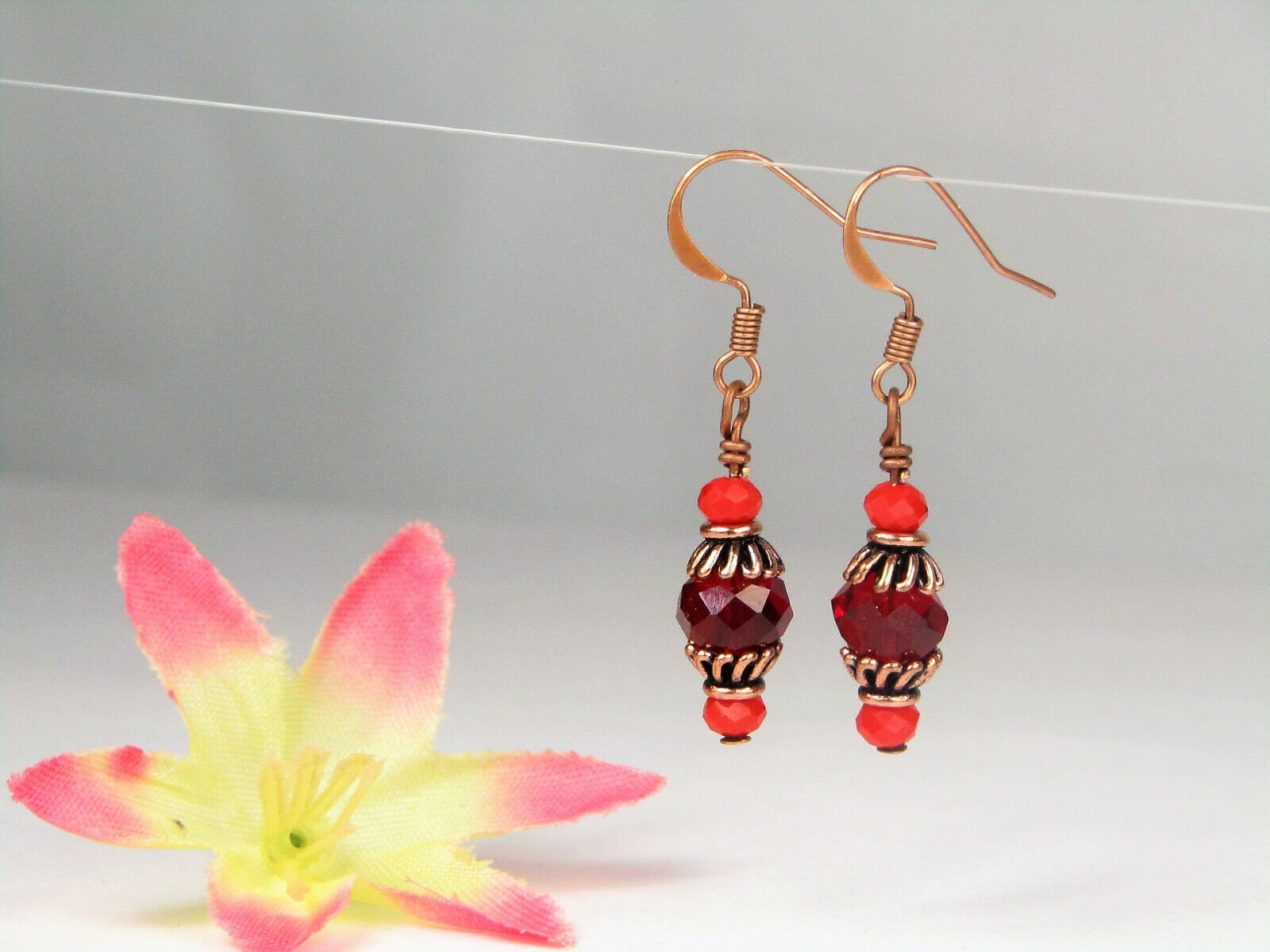 Faceted Red Crystal Antique Copper Capped Dangle Earrings , Artisan Made Ooak - Bad Apple Designs Jewelry
