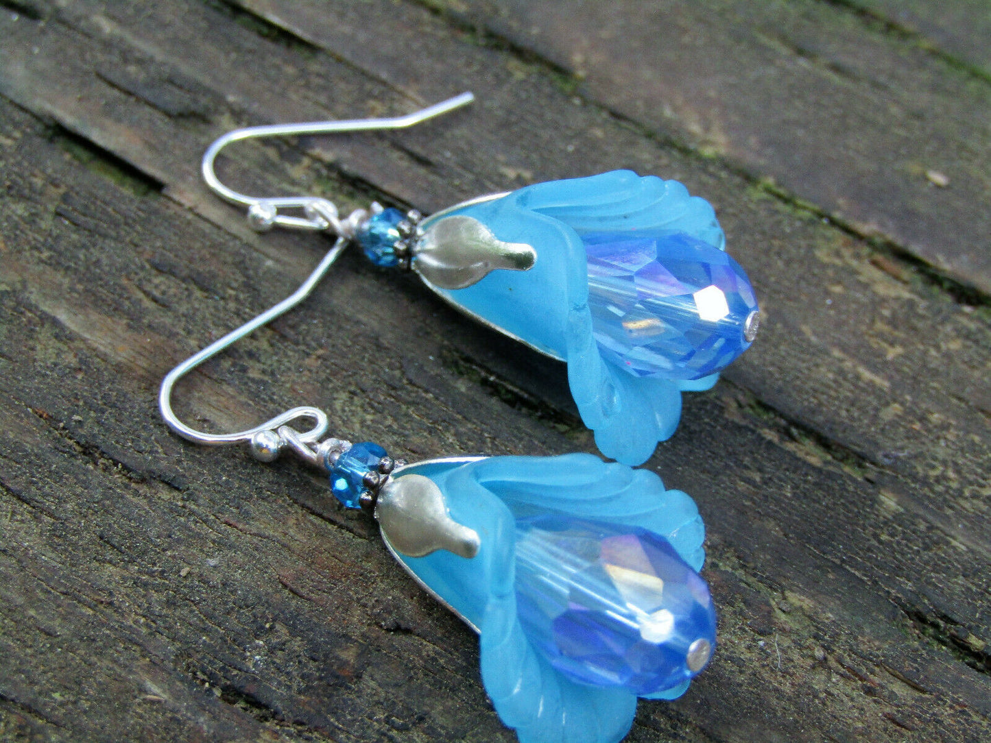 Flower Earrings Blue Tulip Cala Lily Silver Dangle Earrings Sparkling Crystal - Bad Apple Designs Jewelry