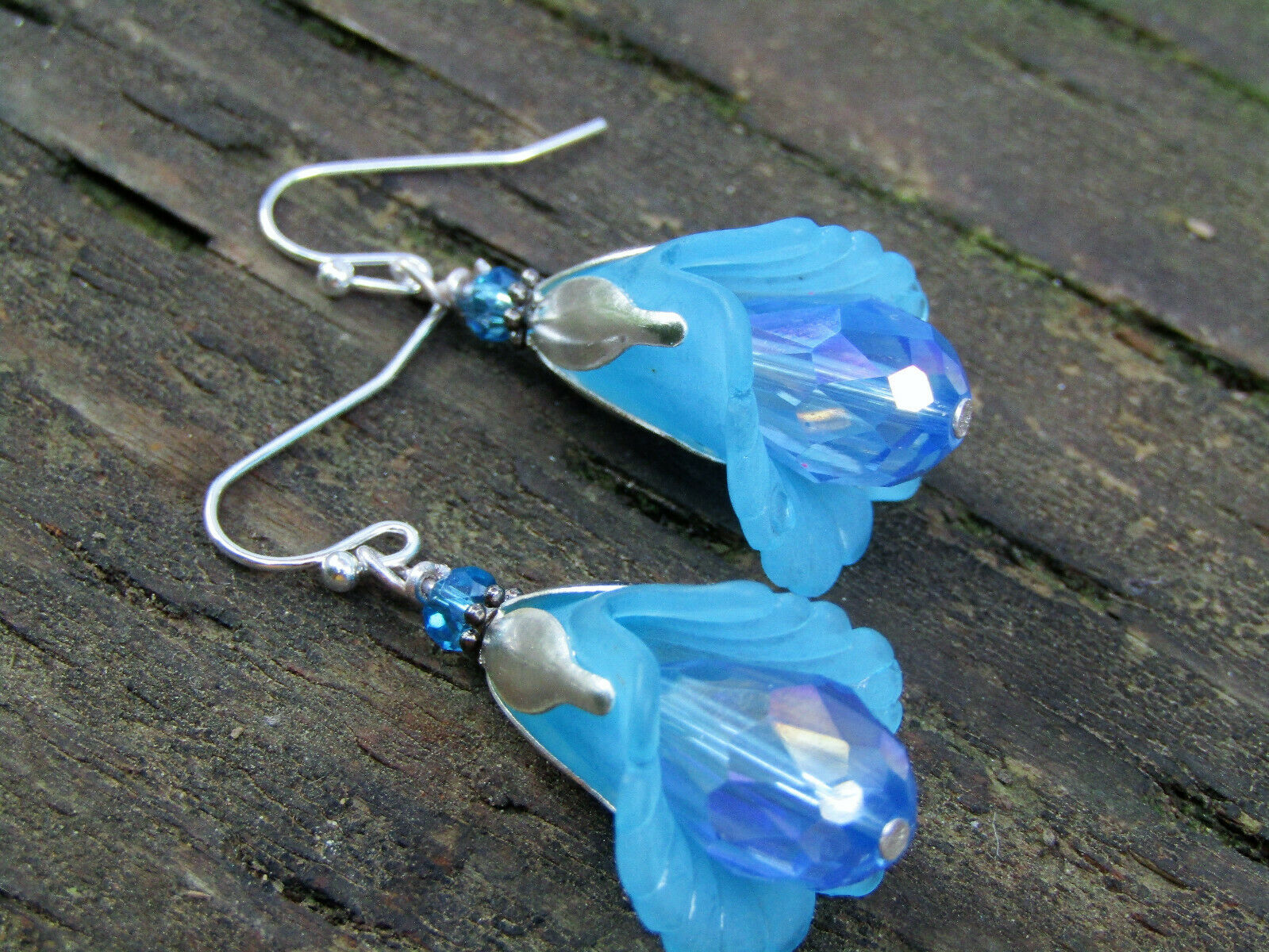 Flower Earrings Blue Tulip Cala Lily Silver Dangle Earrings Sparkling Crystal - Bad Apple Designs Jewelry