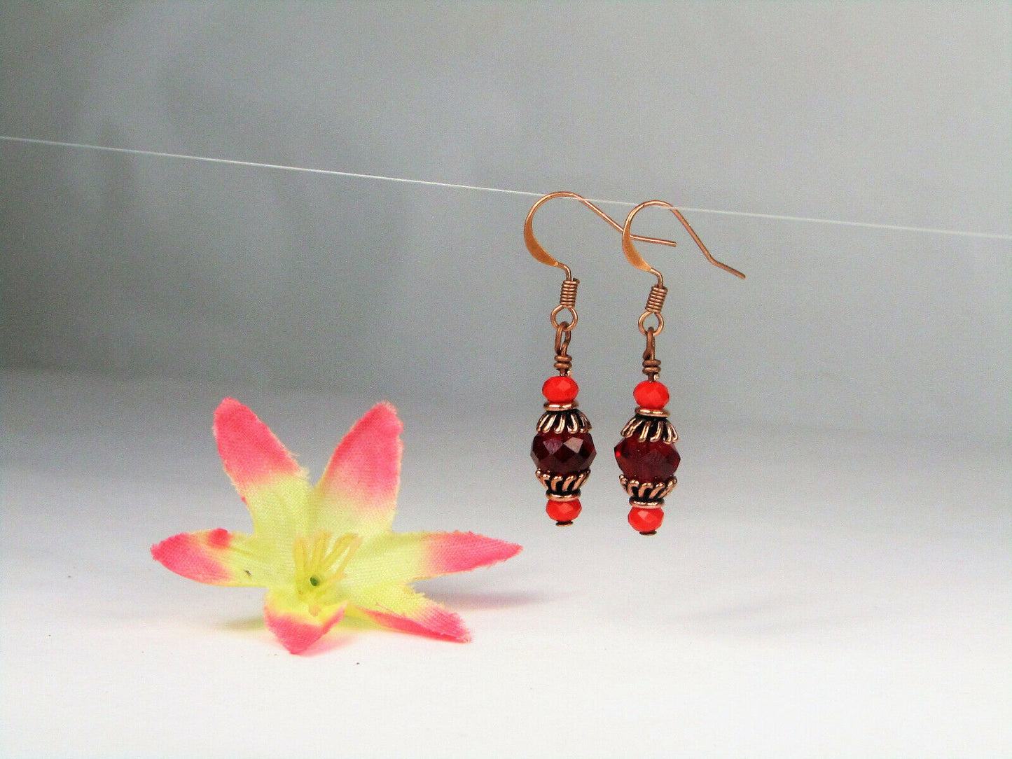 Faceted Red Crystal Antique Copper Capped Dangle Earrings , Artisan Made Ooak - Bad Apple Designs Jewelry