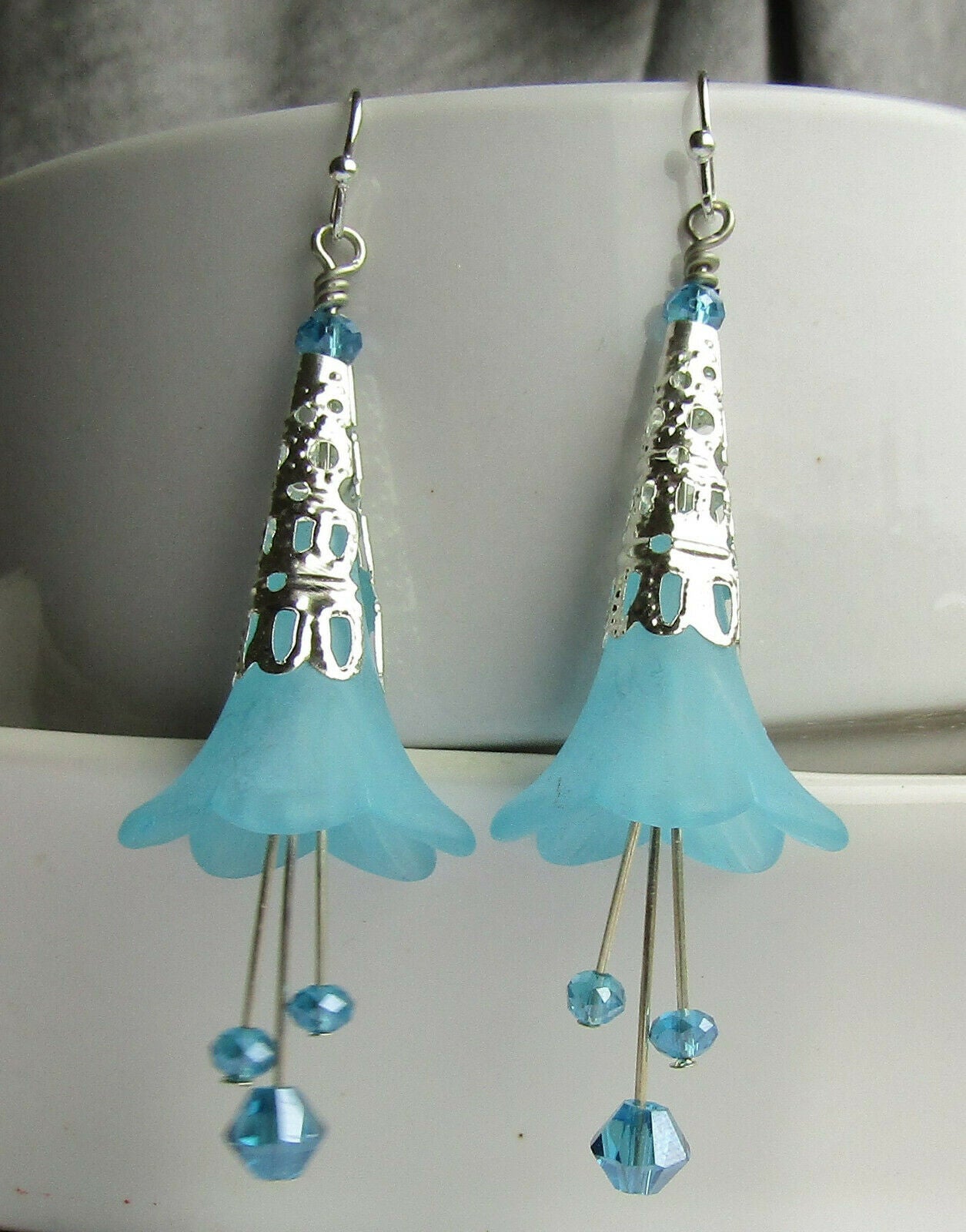 Flower Earrings Light Blue Dangle Lucite Trumpet Lily Silver Plated Usa Handmade - Bad Apple Designs Jewelry