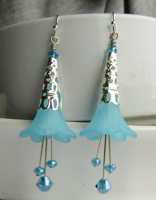 Flower Earrings Light Blue Dangle Lucite Trumpet Lily Silver Plated Usa Handmade - Bad Apple Designs Jewelry