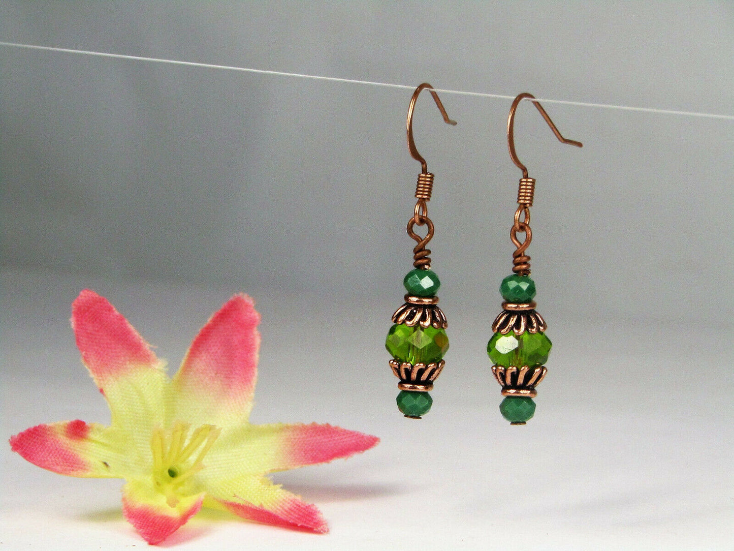 Faceted Light Green Crystal Antique Copper Capped Dangle Earrings, Artisan Made - Bad Apple Designs Jewelry