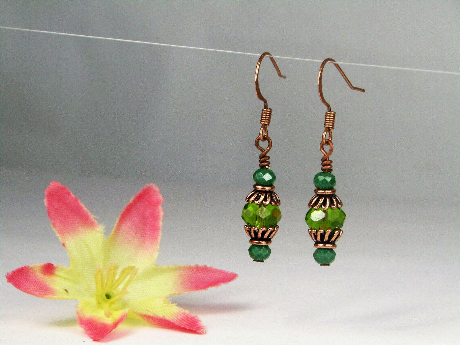Faceted Light Green Crystal Antique Copper Capped Dangle Earrings, Artisan Made - Bad Apple Designs Jewelry