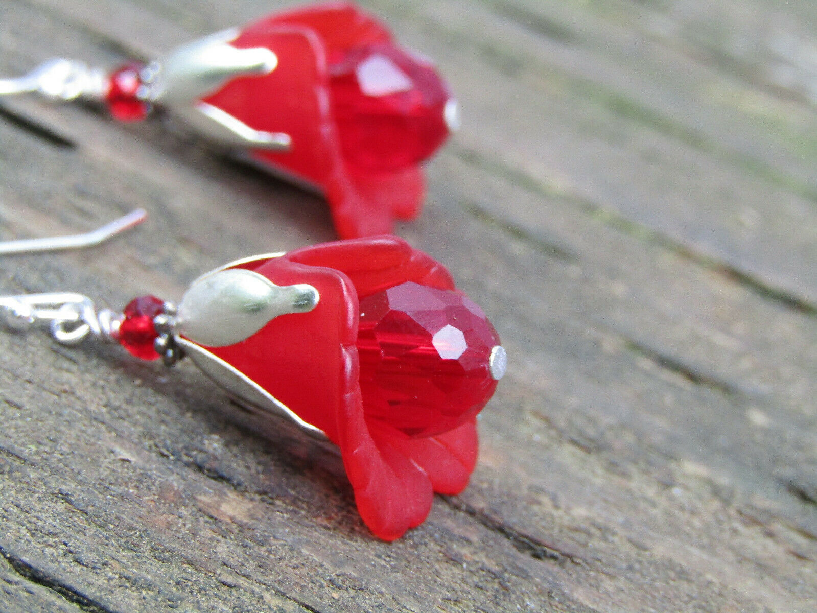 Flower Earrings Red Tulip Cala Lily Silver Dangle Earrings Sparkling Crystal - Bad Apple Designs Jewelry