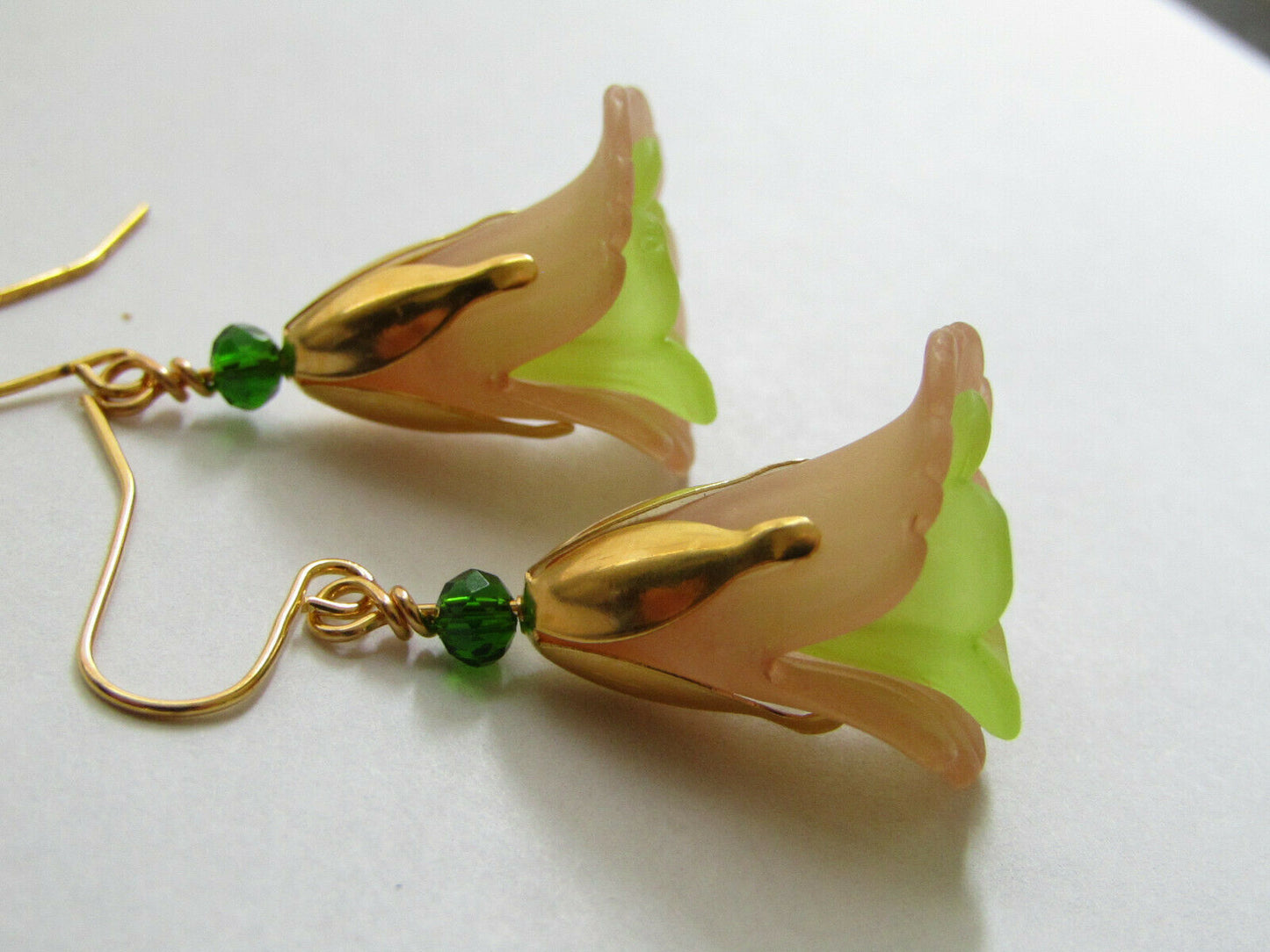 Flower Earrings Beige/Green Tulip Cala Lily Gold Dangle Earrings Usa Handmade - Bad Apple Designs Jewelry