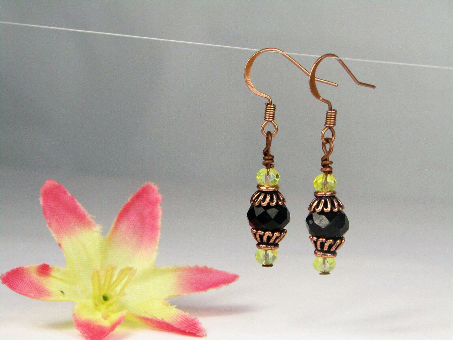 Faceted Black Yellow Crystal Antique Copper Capped Dangle Earrings USA HANDMADE - Bad Apple Designs Jewelry