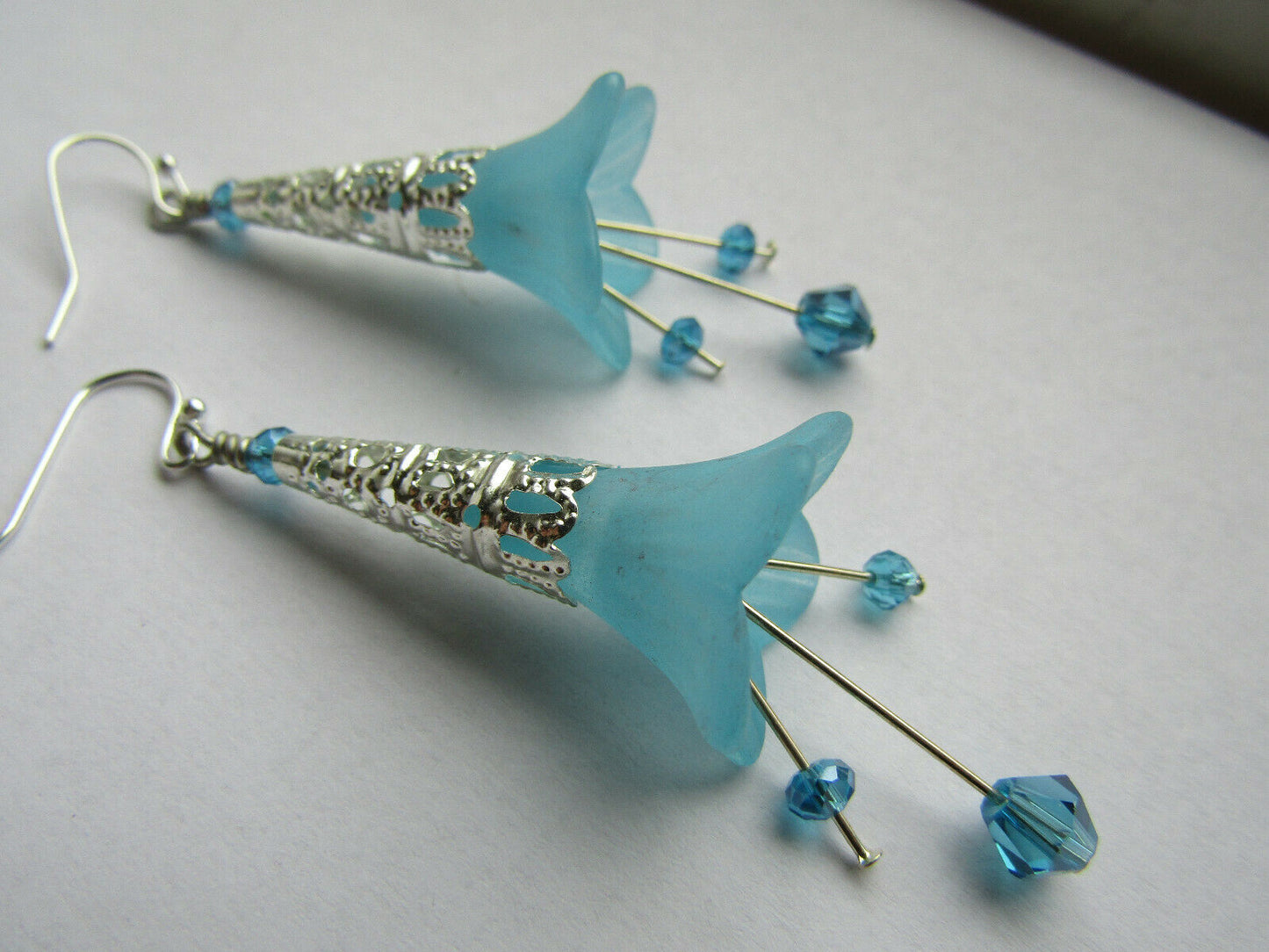 Flower Earrings Light Blue Dangle Lucite Trumpet Lily Silver Plated Usa Handmade - Bad Apple Designs Jewelry