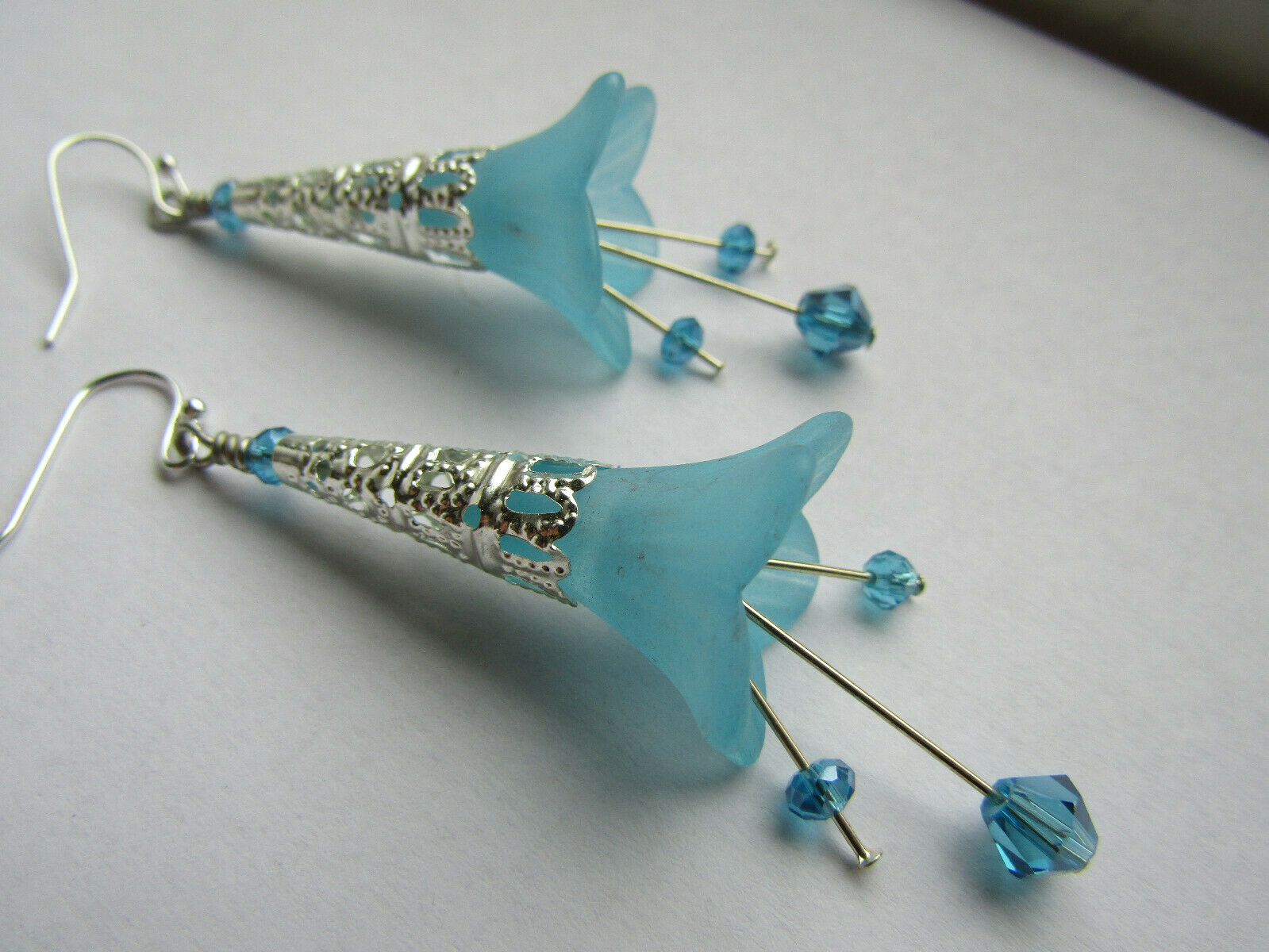 Flower Earrings Light Blue Dangle Lucite Trumpet Lily Silver Plated Usa Handmade - Bad Apple Designs Jewelry