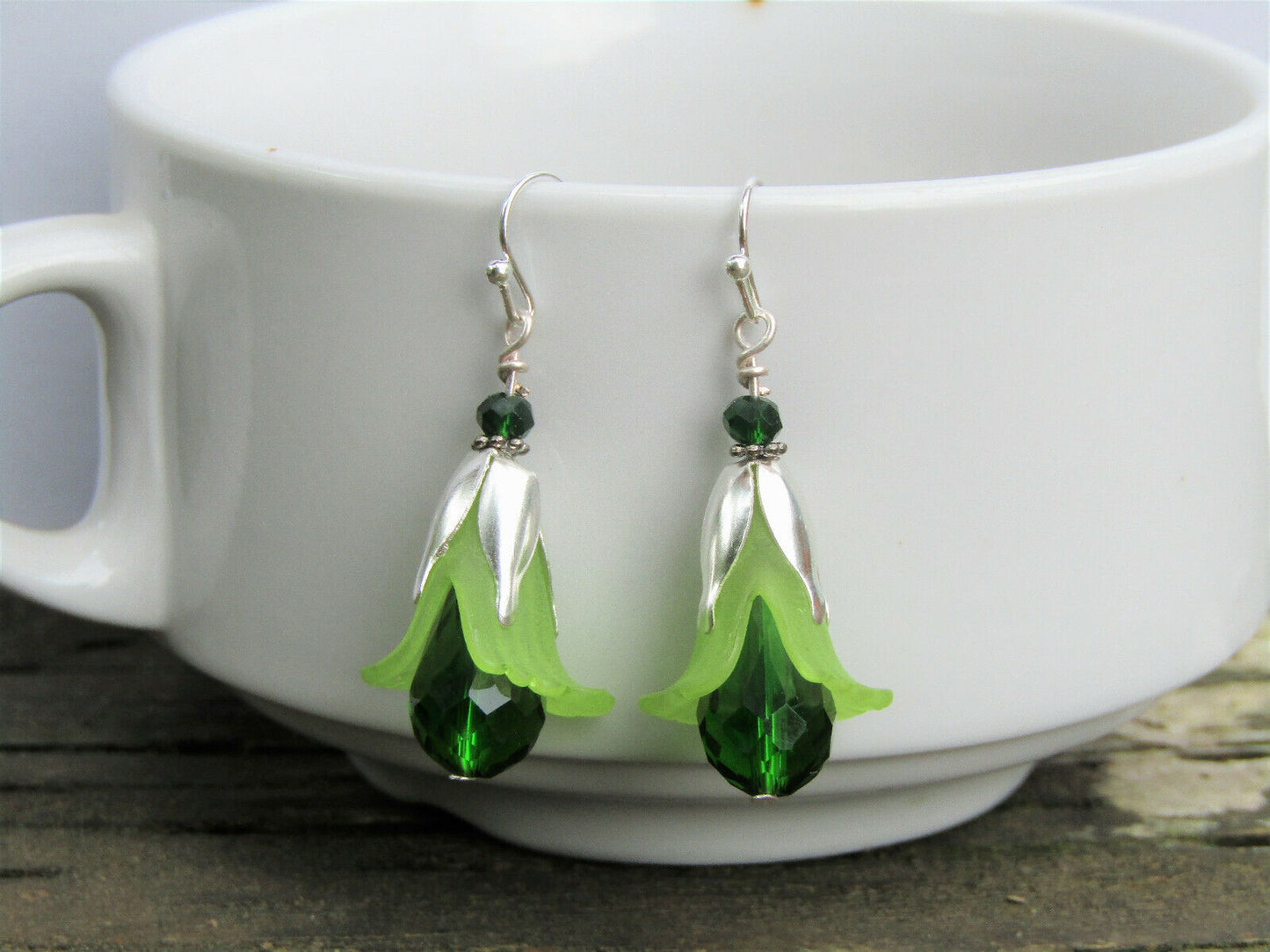 Flower Earrings Green Tulip Cala Lily Silver Dangle Earrings Sparkling Crystal - Bad Apple Designs Jewelry