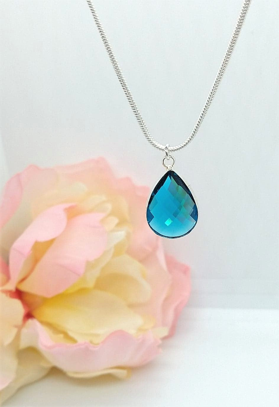 Faceted Glass Drop, Silver 18 Inch Snake Chain Necklace, Bridesmaid, Birthstone - Bad Apple Designs Jewelry