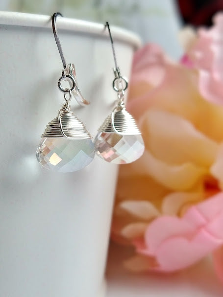 Faceted Clear Ab Crystal Teardrop Silver Leverback Earrings, Ladies Bridal Earrings, Crystal Drops - Bad Apple Designs Jewelry