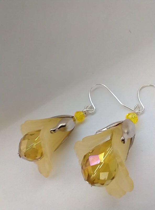 Flower Earrings Yellow Tulip Cala Lily Silver Dangle Earrings Sparkling Crystal - Bad Apple Designs Jewelry